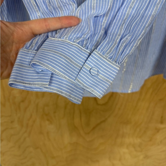 Talbots Womens Blue White Metallic Silver Striped Button Ruffled Shirt Lp - Picture 5 of 9